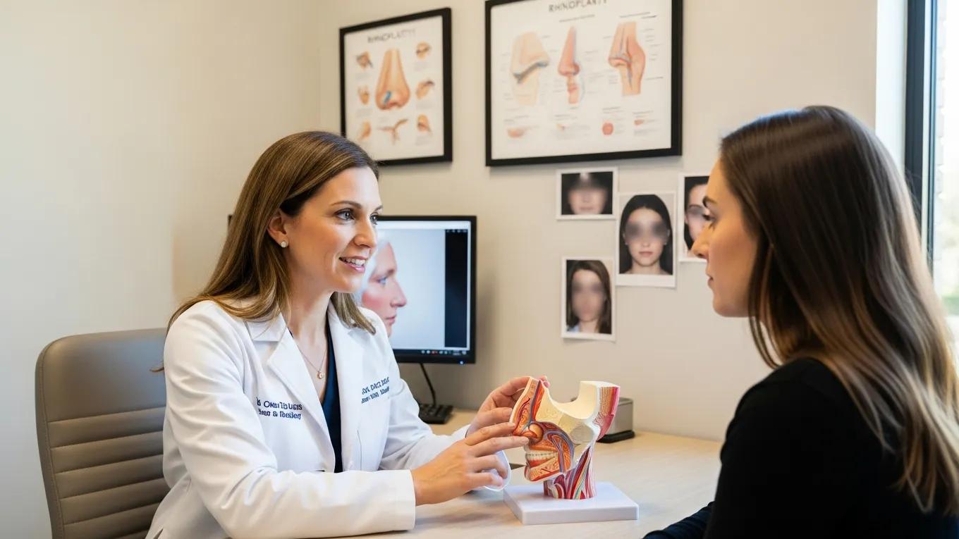 Board-certified plastic surgeon consulting with a patient about rhinoplasty