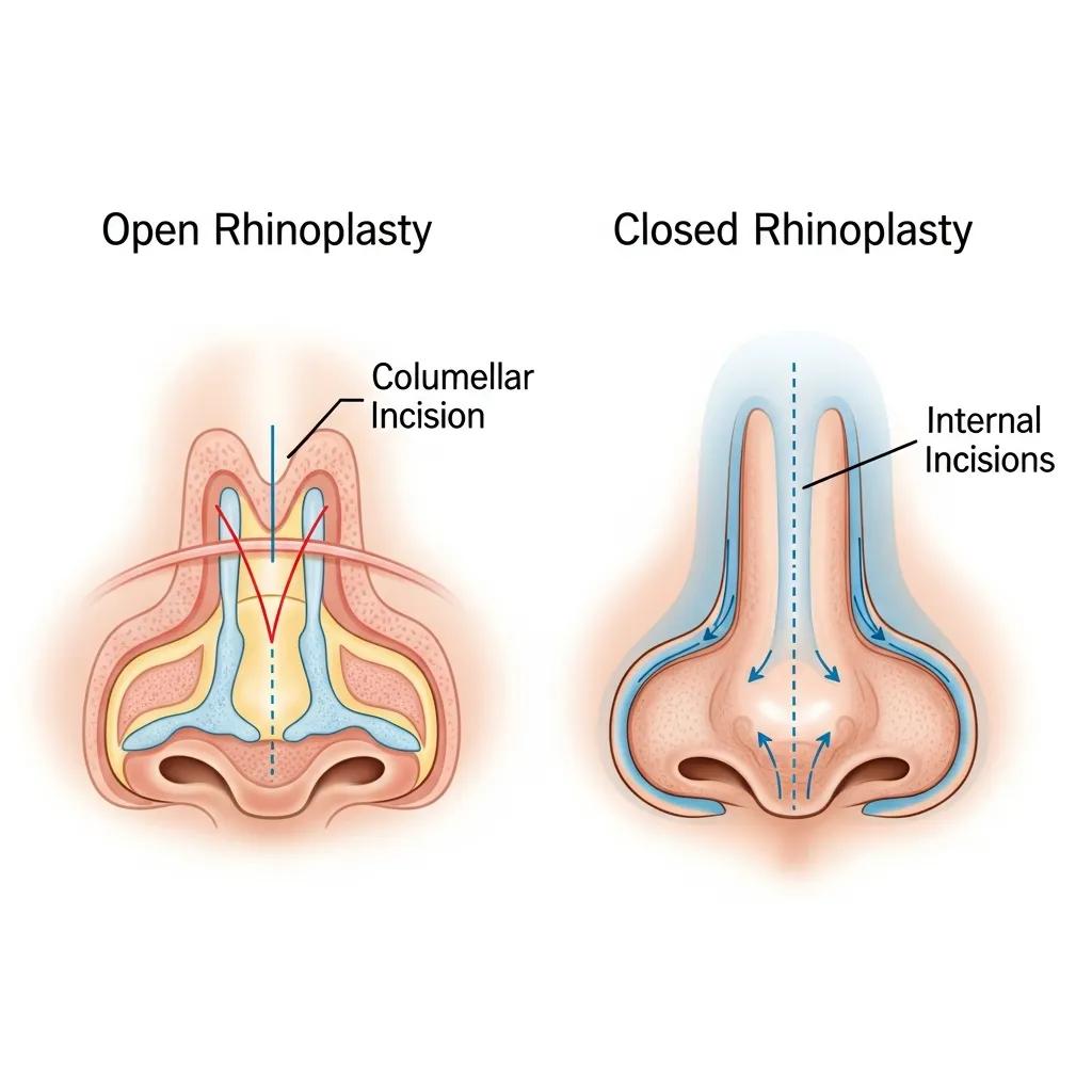 Comparison of open and closed rhinoplasty techniques with surgical diagrams
