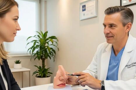 Consultation for rhinoplasty surgery with a surgeon and patient in a modern clinic