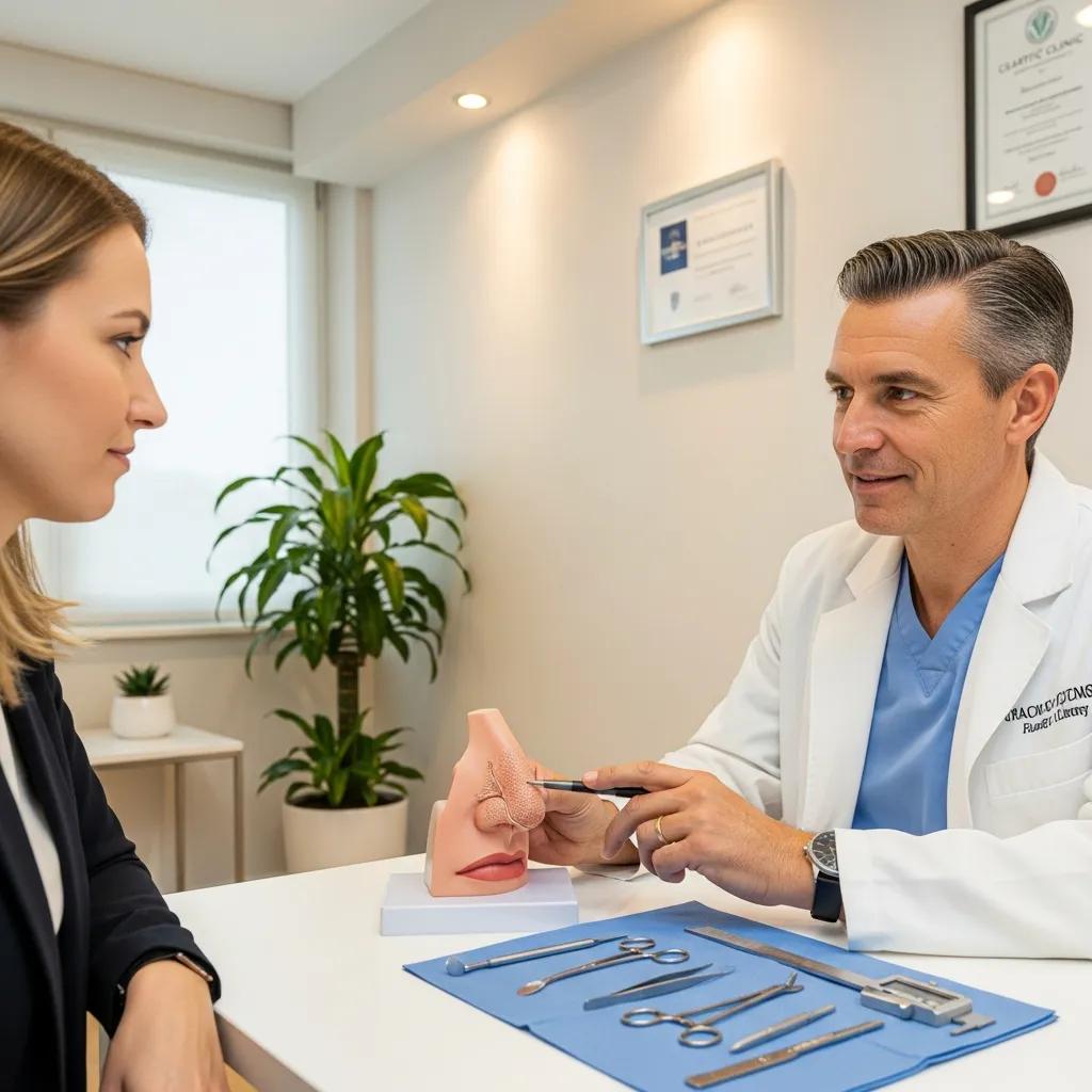 Consultation for rhinoplasty surgery with a surgeon and patient in a modern clinic