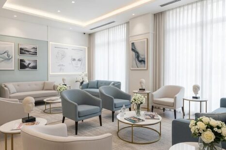Modern cosmetic surgery clinic interior showcasing a tranquil waiting area