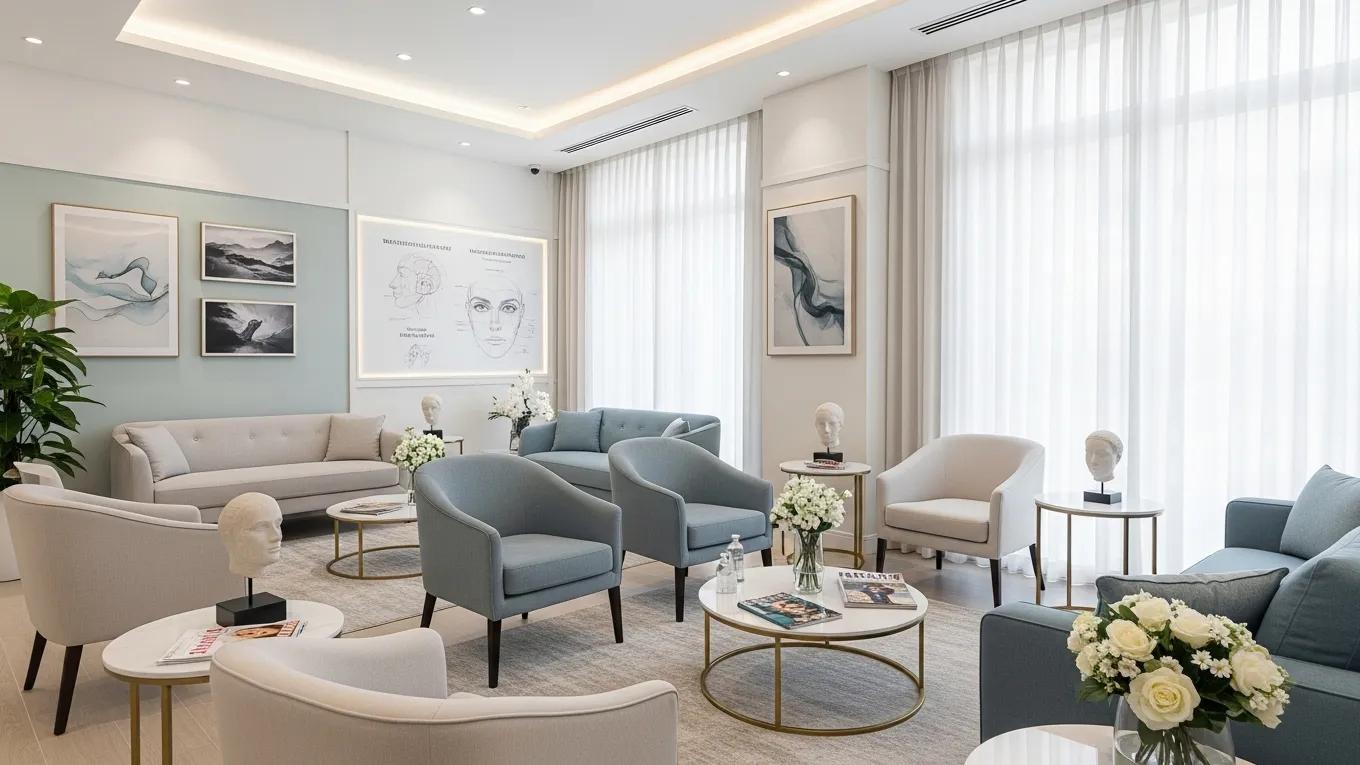 Modern cosmetic surgery clinic interior showcasing a tranquil waiting area