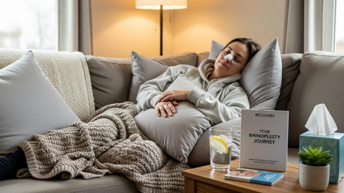 Patient resting at home during rhinoplasty recovery with supportive elements