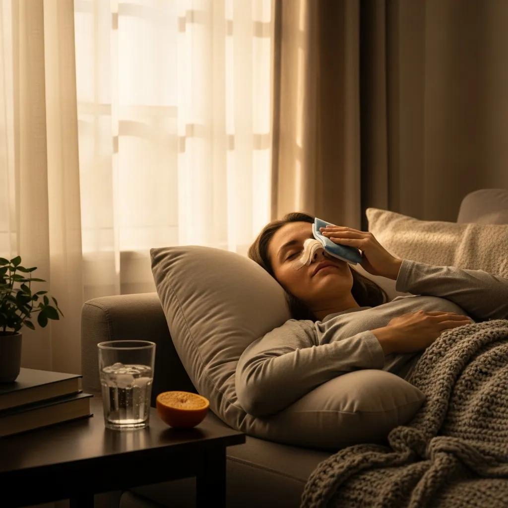 Patient resting at home with cold compress after rhinoplasty surgery