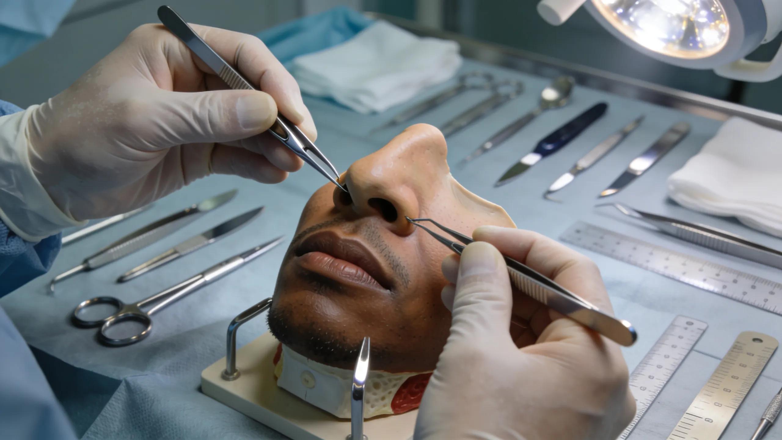 Surgeon's hands customizing nasal reshaping techniques on a model, emphasizing precision in ethnic rhinoplasty