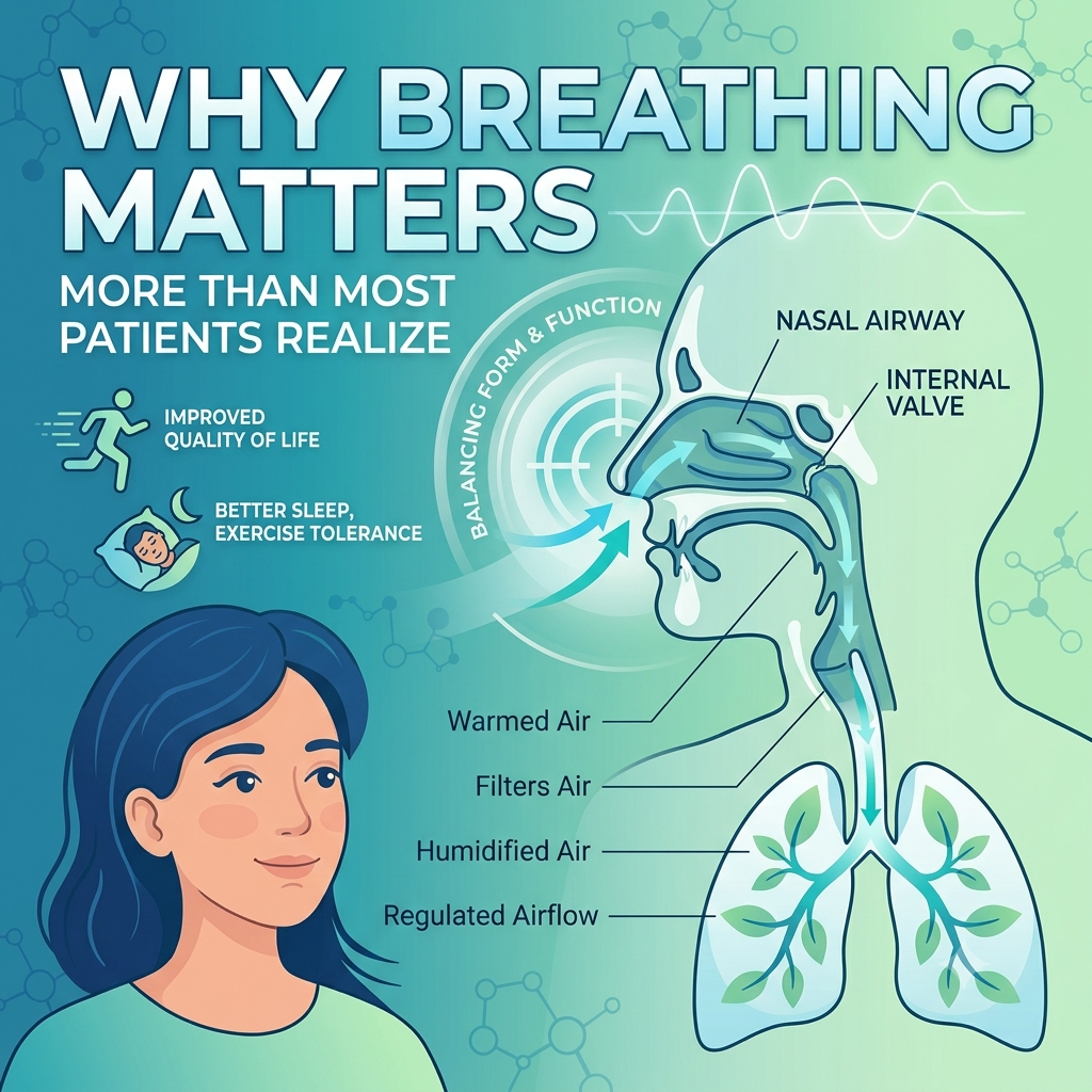 A square educational infographic titled "Why Breathing Matters More Than Most Patients Realize." The layout features a bold title at the top, a woman in the bottom left, and a detailed anatomical cross-section diagram on the right illustrating the nasal airway, internal valve, and lungs with airflow labels, all rendered in a clean teal and green medical illustration style.