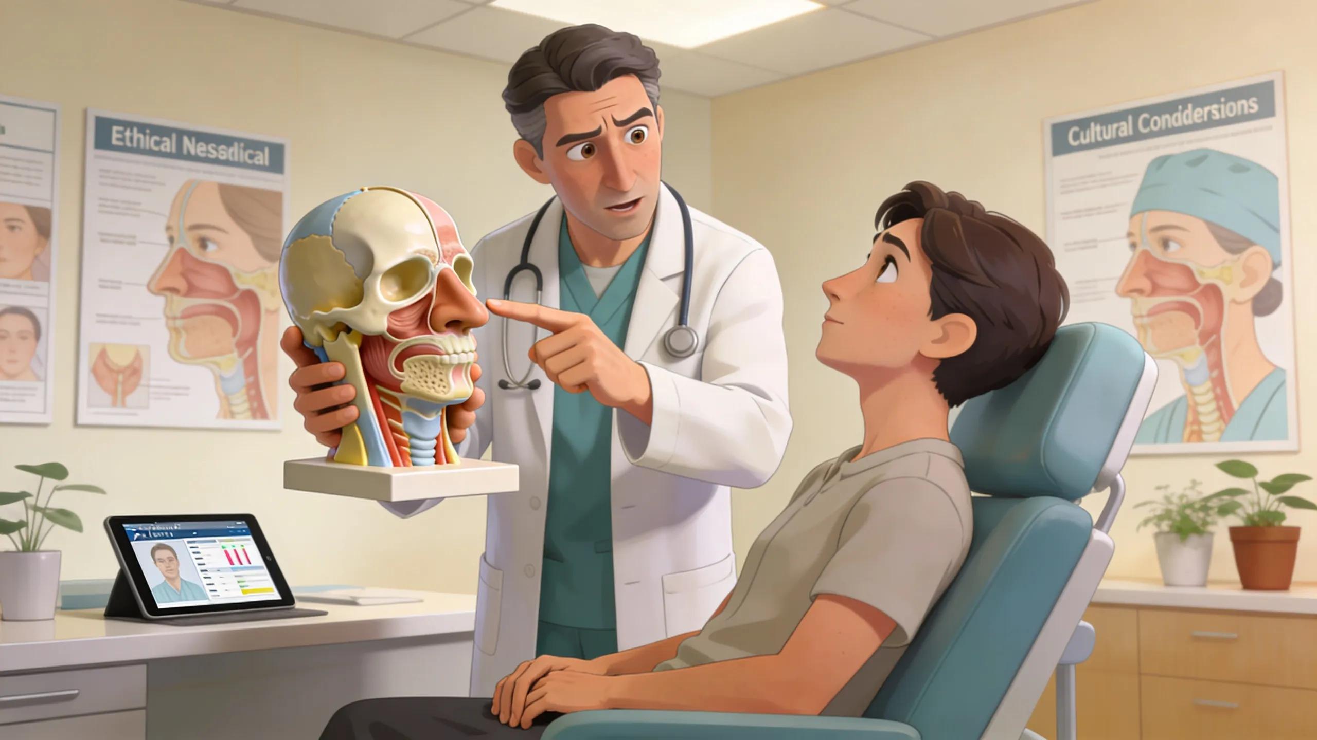 Surgeon and patient collaborating during an ethnic rhinoplasty consultation, focusing on anatomical discussions