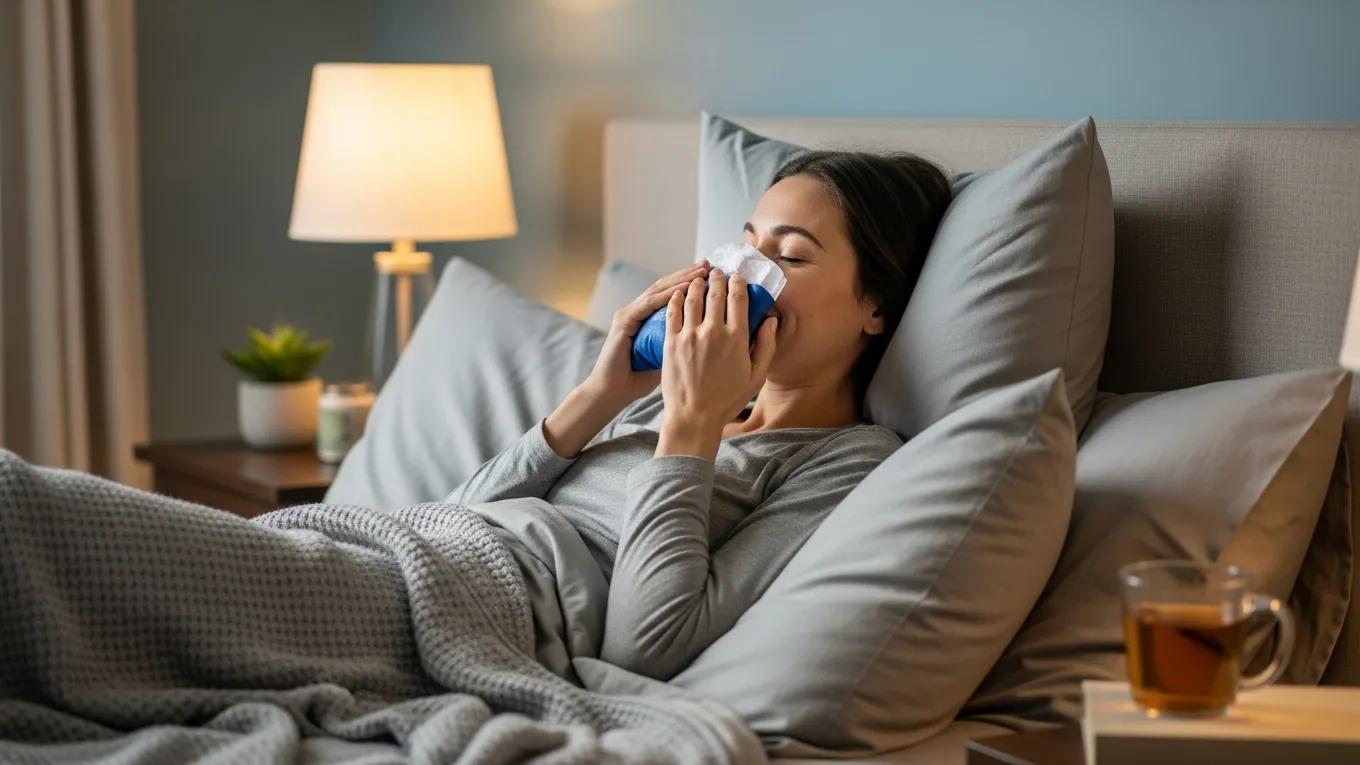 Patient applying an ice pack at home post-rhinoplasty for recovery comfort