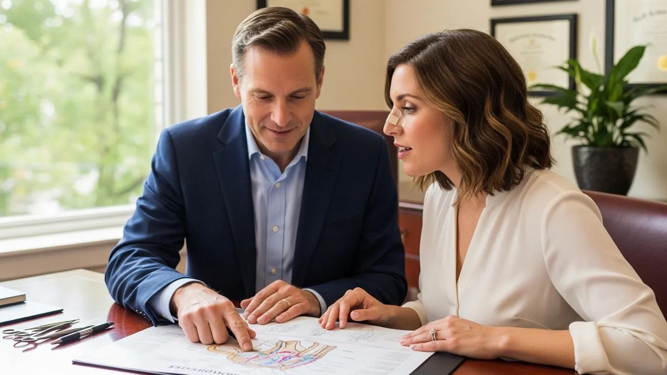 Patient discussing important questions with a rhinoplasty surgeon during a consultation
