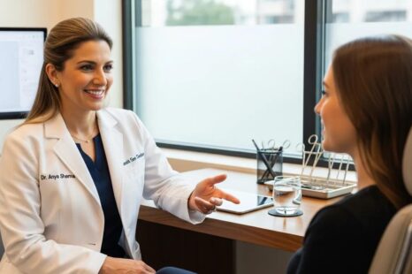 Rhinoplasty surgeon consulting with a patient in a modern clinic emphasizing patient care