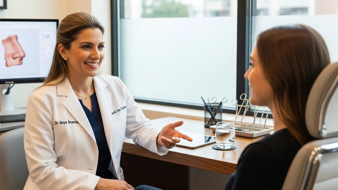 Rhinoplasty surgeon consulting with a patient in a modern clinic emphasizing patient care