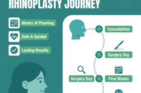 Infographic showing the rhinoplasty journey timeline: consultation, surgery day, first weeks, and final results