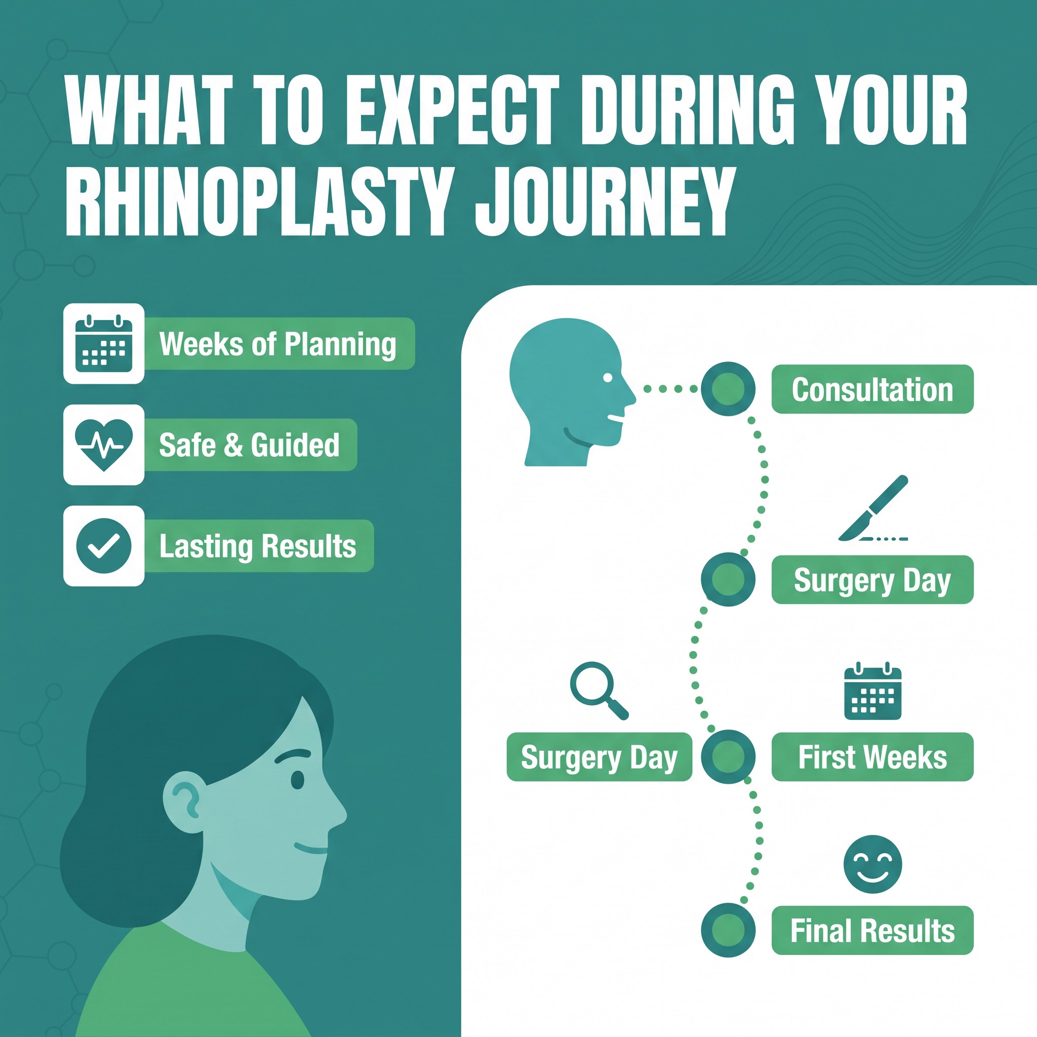 Infographic showing the rhinoplasty journey timeline: consultation, surgery day, first weeks, and final results