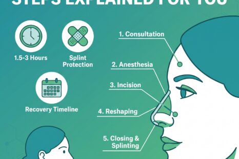 Infographic showing the 5 steps of rhinoplasty: consultation, anesthesia, incision, reshaping, and closing