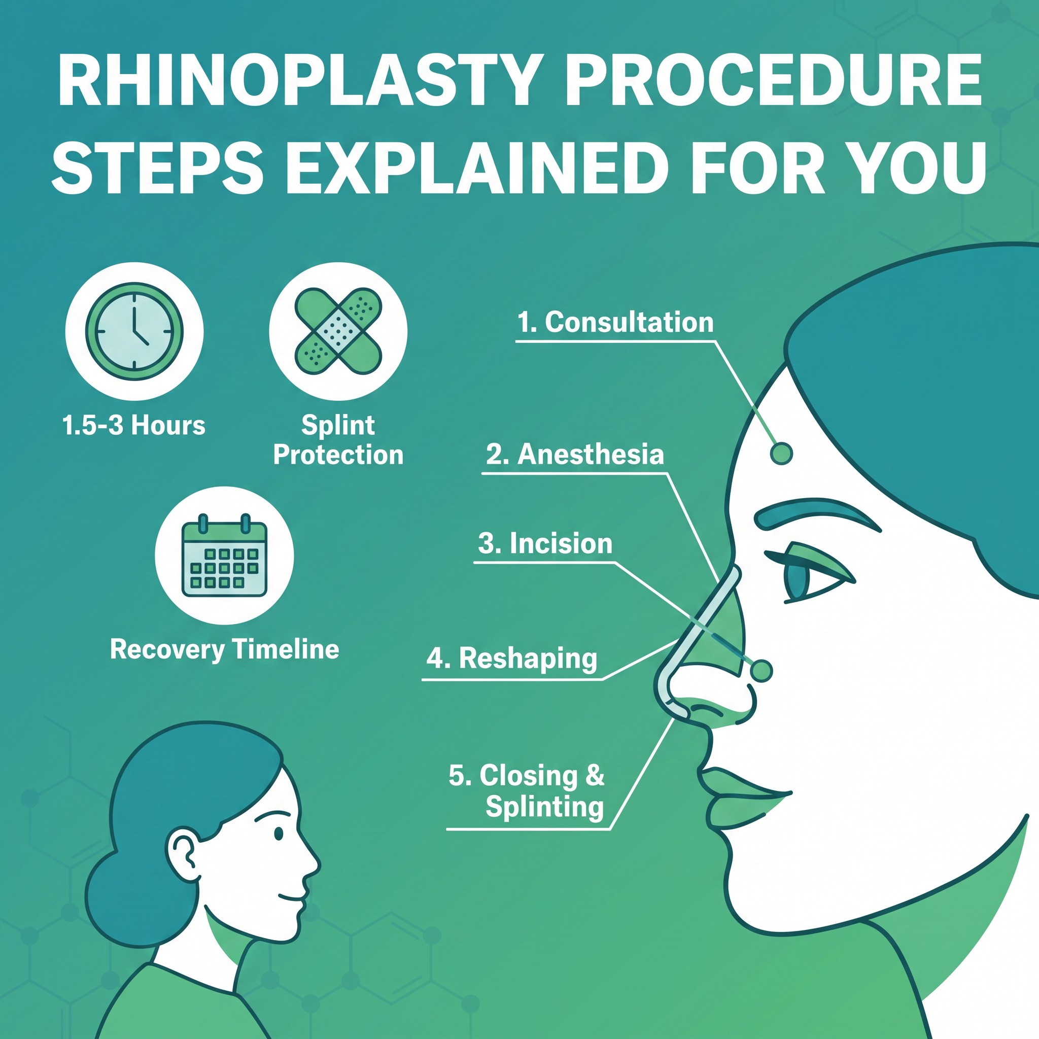 Infographic showing the 5 steps of rhinoplasty: consultation, anesthesia, incision, reshaping, and closing