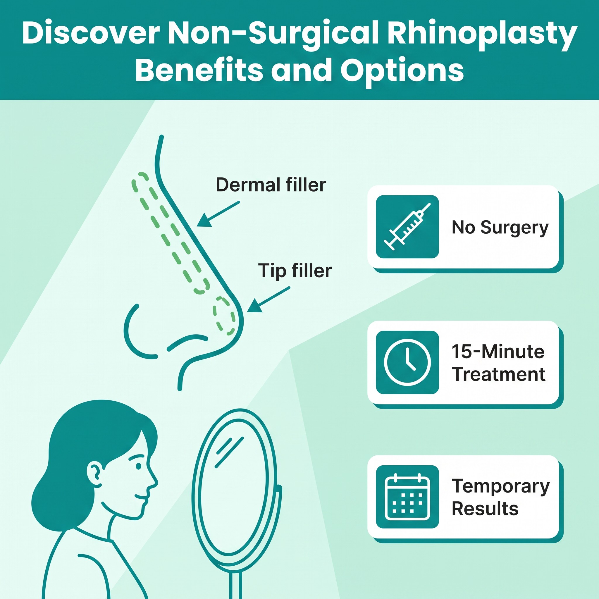 Infographic explaining non-surgical rhinoplasty options and benefits