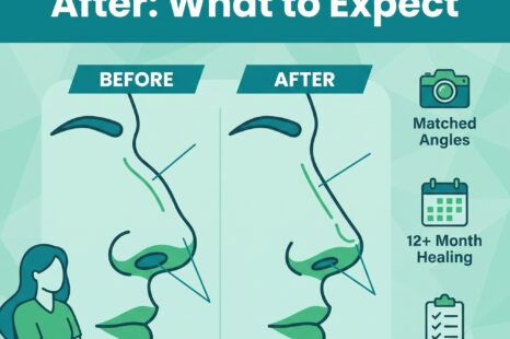 Rhinoplasty before and after photos comparison infographic showing what to expect