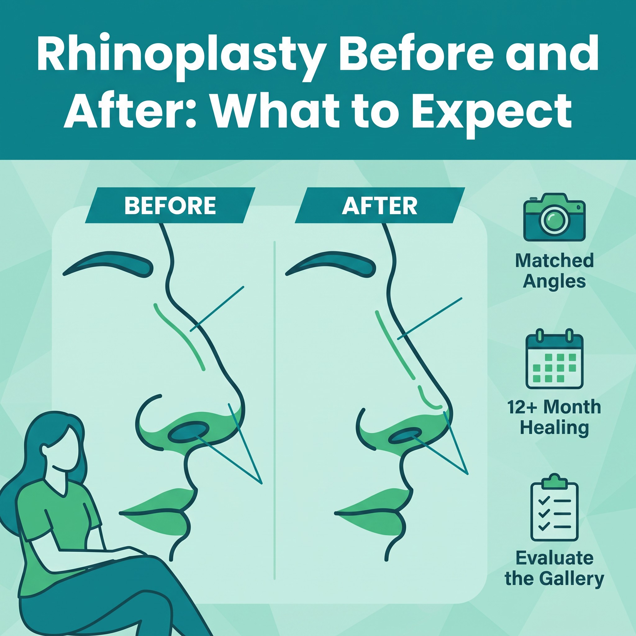 Rhinoplasty before and after photos comparison infographic showing what to expect