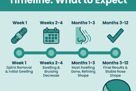 Infographic showing the rhinoplasty recovery timeline from week 1 through months 3-12