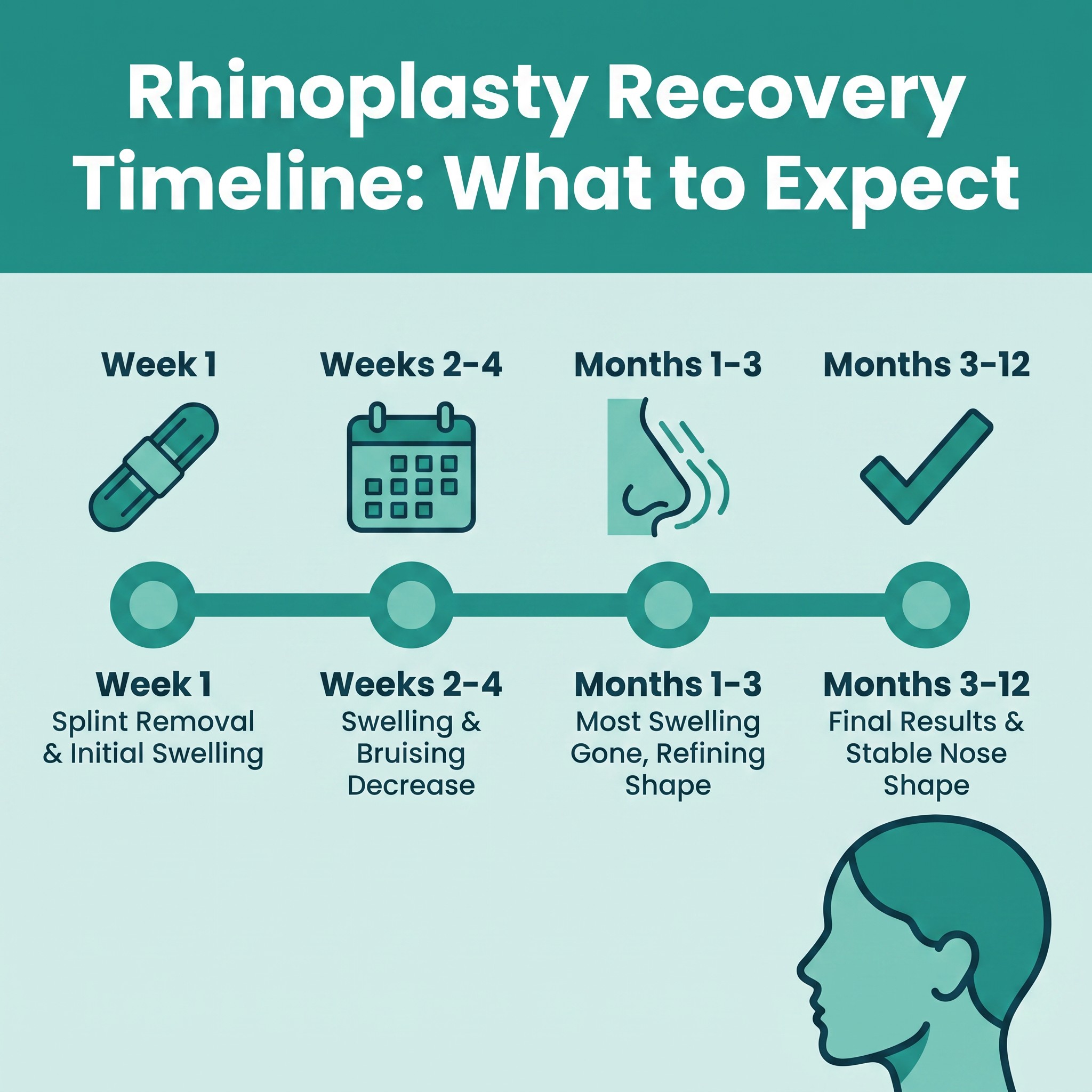 Infographic showing the rhinoplasty recovery timeline from week 1 through months 3-12